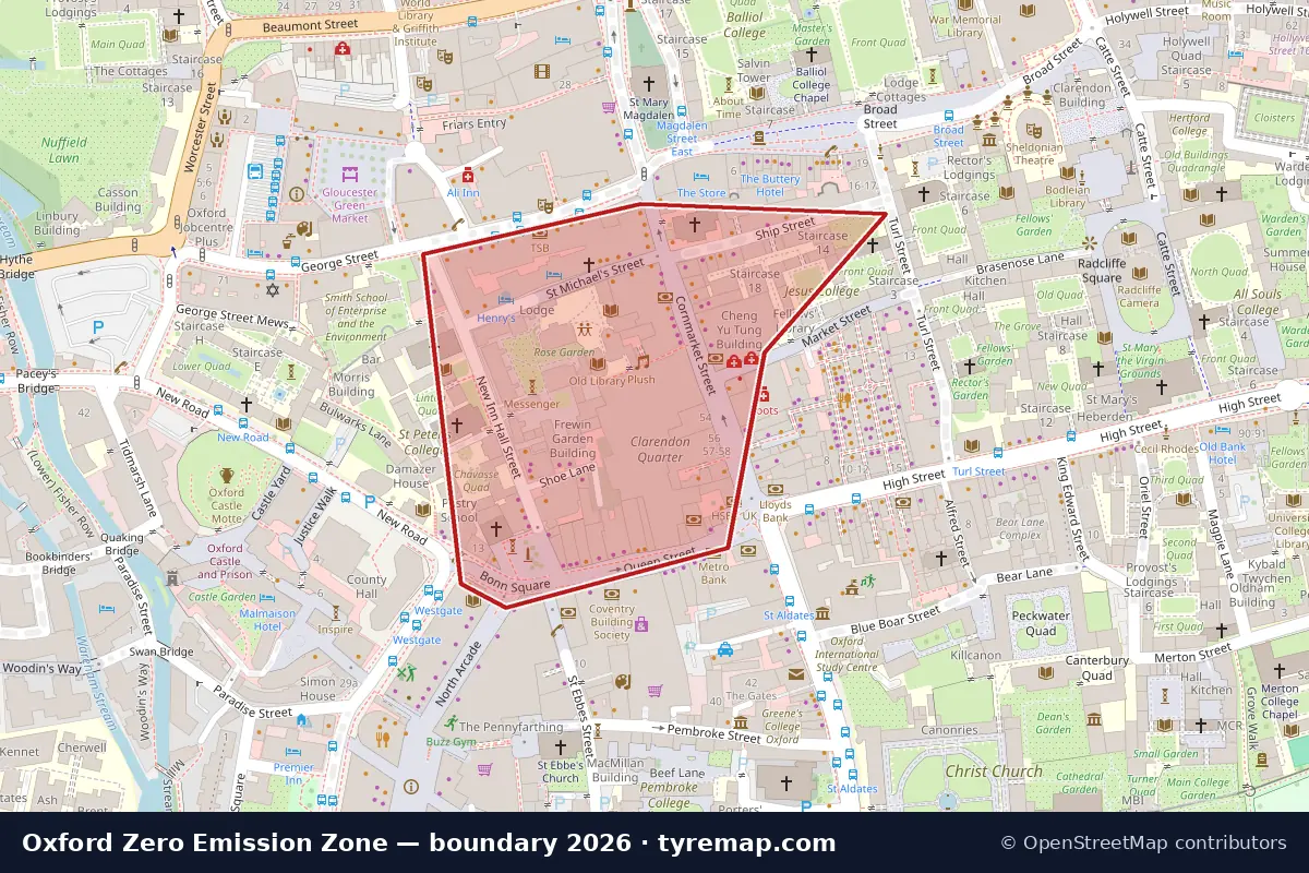 Map of the Zero Emission Zone boundary in Oxford, 2026