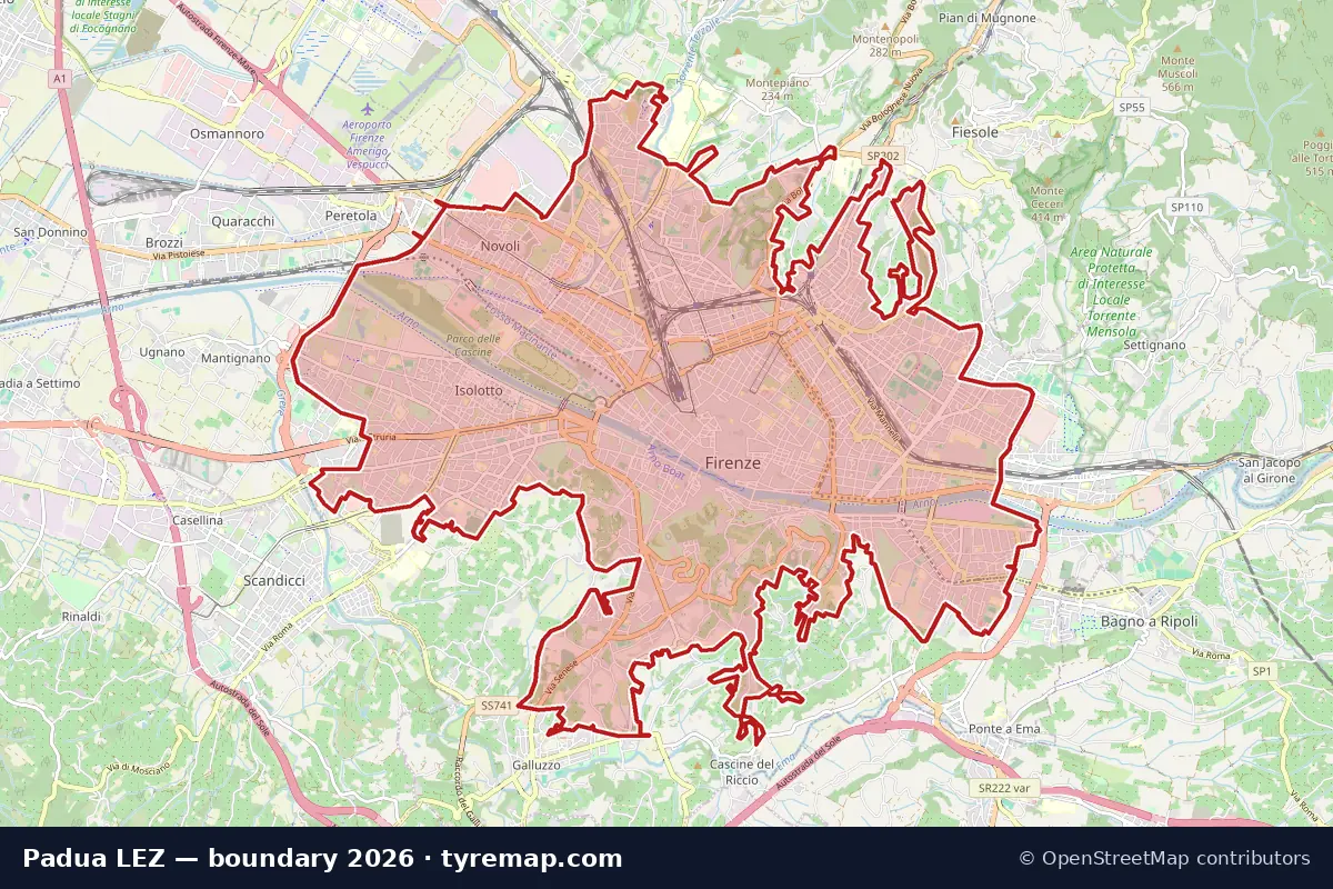 Map of the ZTL Centro Storico boundary in Padua, 2026