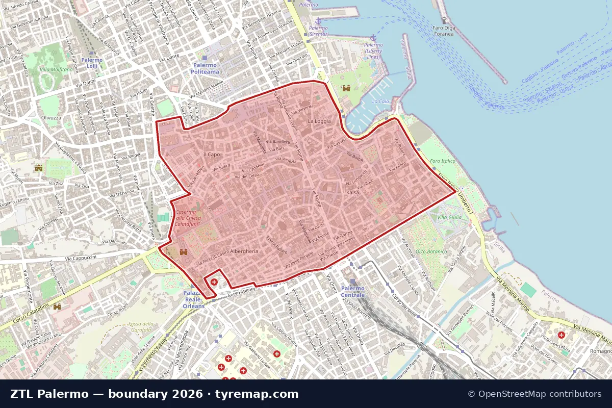 Map of the ZTL Centrale boundary in Palermo, 2026