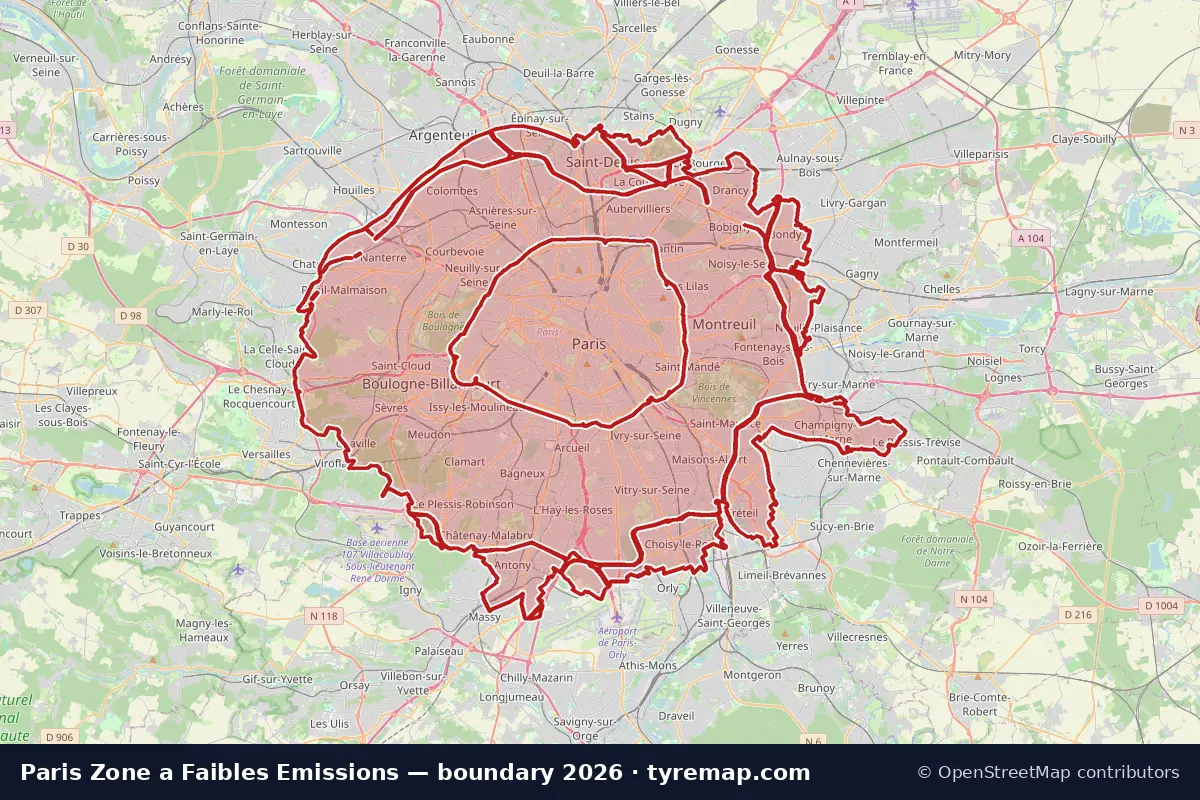 Map of the Zone a Faibles Emissions boundary in Paris, 2026