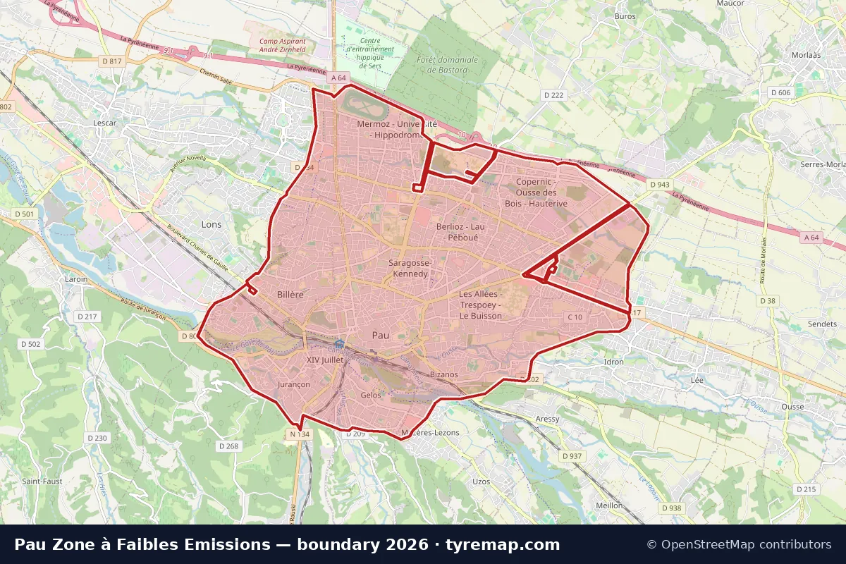 Carte du périmètre Zone à Faibles Emissions à Pau, 2026