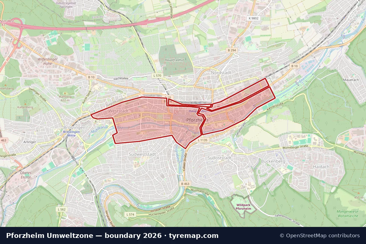 Map of the Umweltzone boundary in Pforzheim, 2026