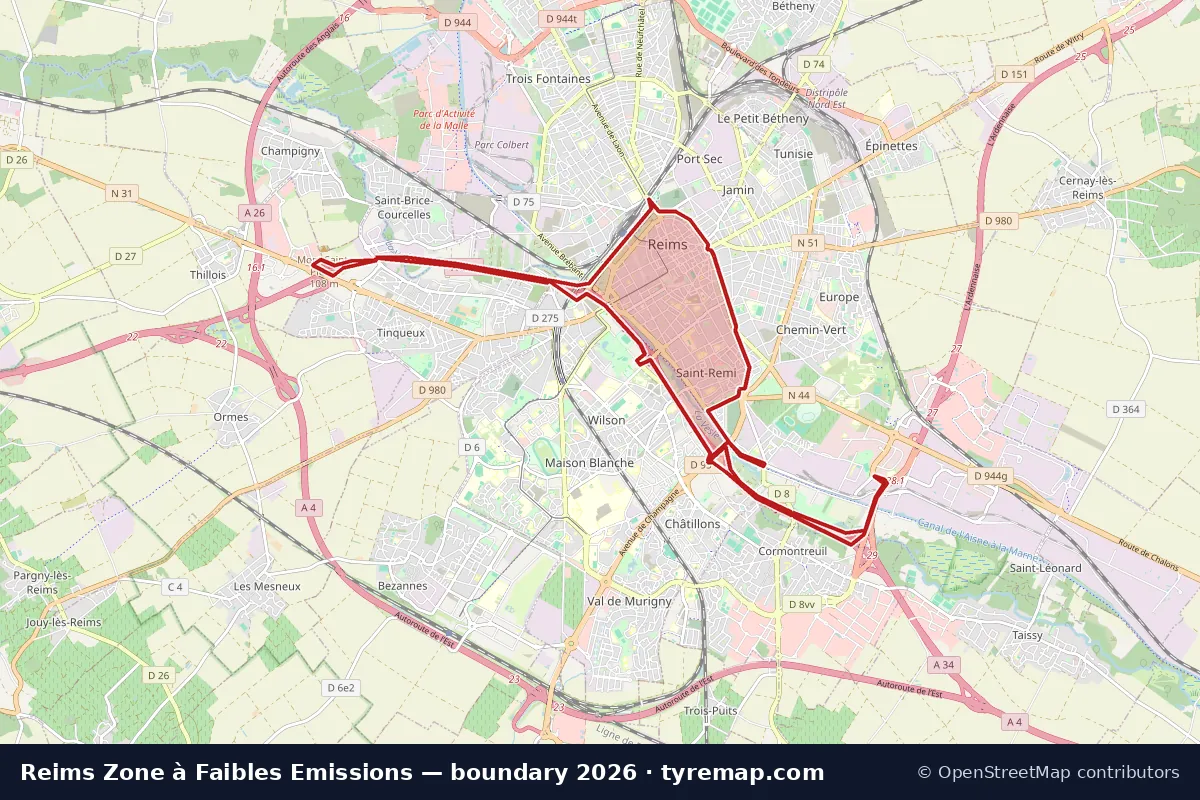 Carte du périmètre Zone à Faibles Emissions à Reims, 2026