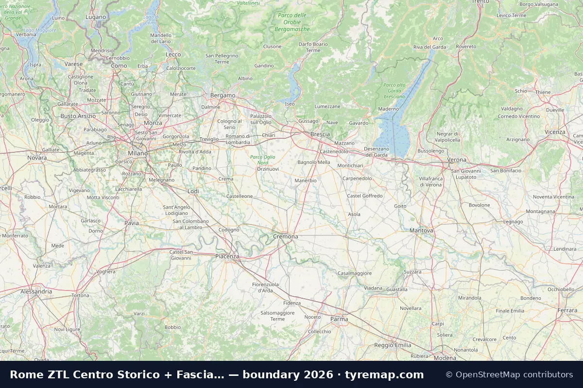 Map of the ZTL Centro Storico + Fascia Verde boundary in Rome, 2026