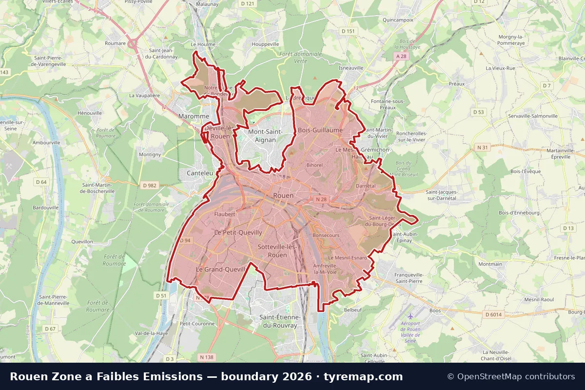 Carte du périmètre Zone a Faibles Emissions à Rouen, 2026