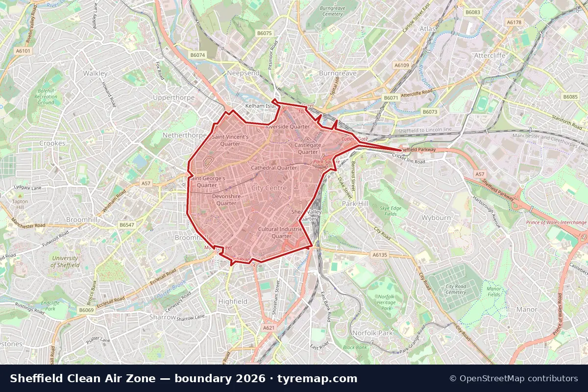 Map of the Clean Air Zone boundary in Sheffield, 2026