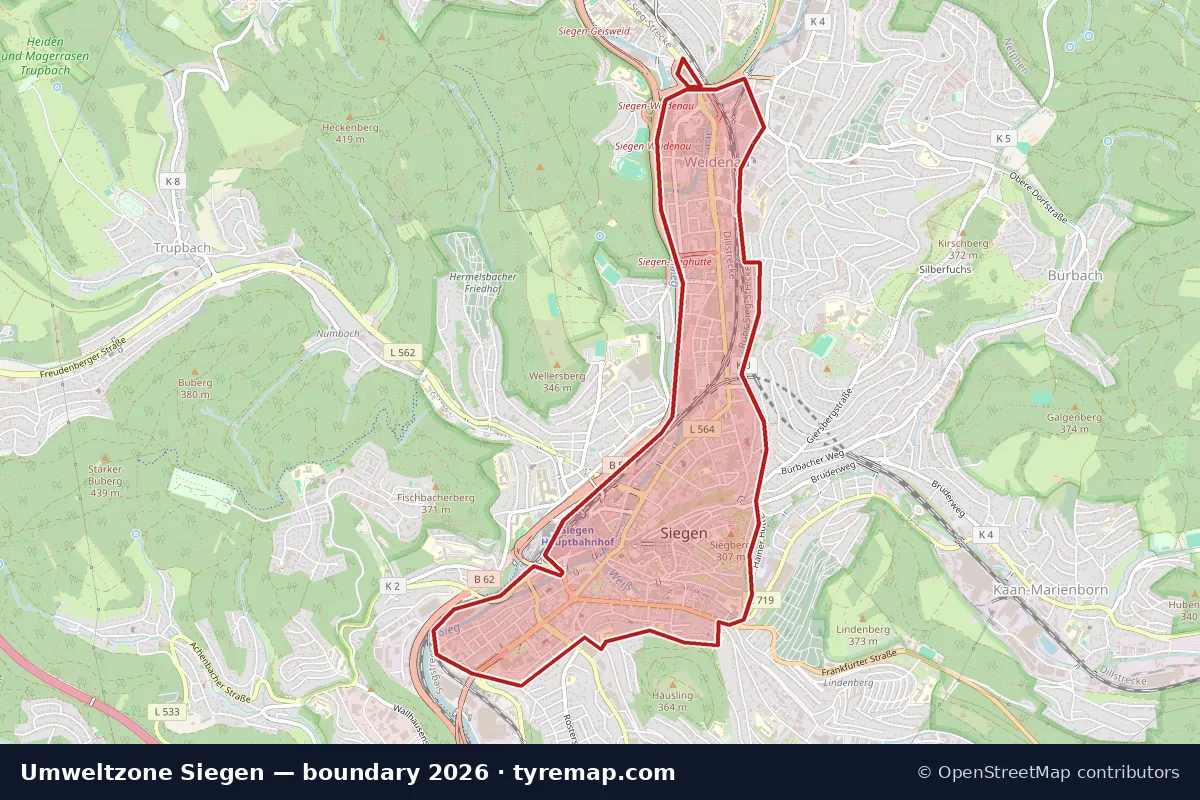 Karte: Grenze der Umweltzone Siegen in Siegen, 2026