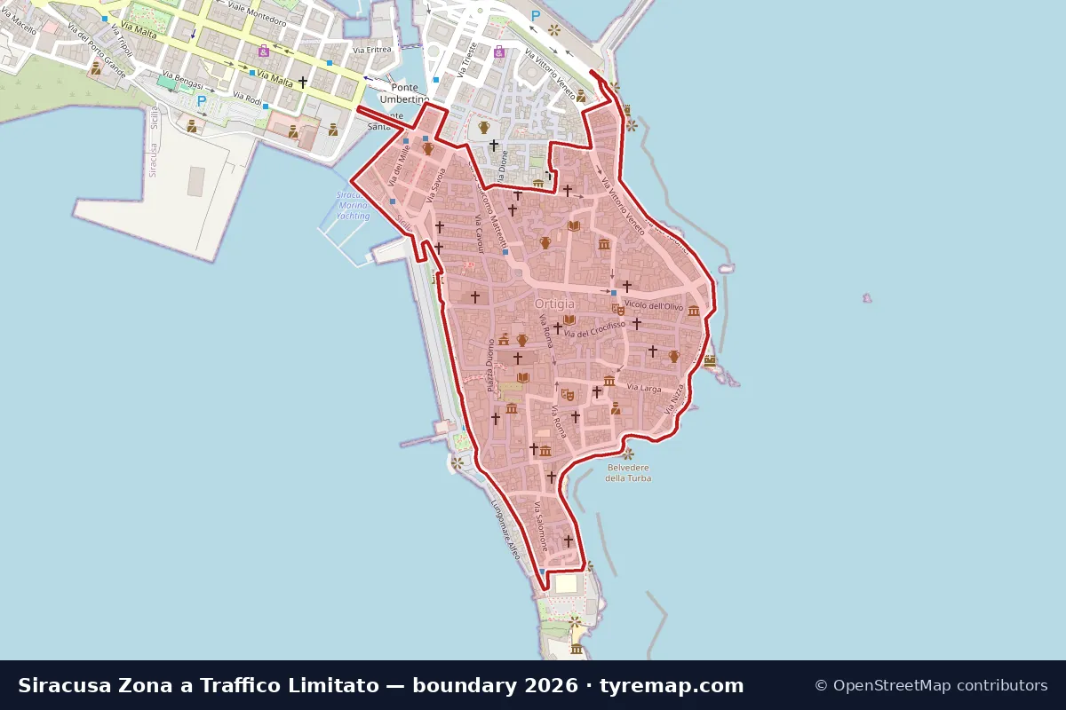 Mappa del perimetro Zona a Traffico Limitato a Siracusa, 2026