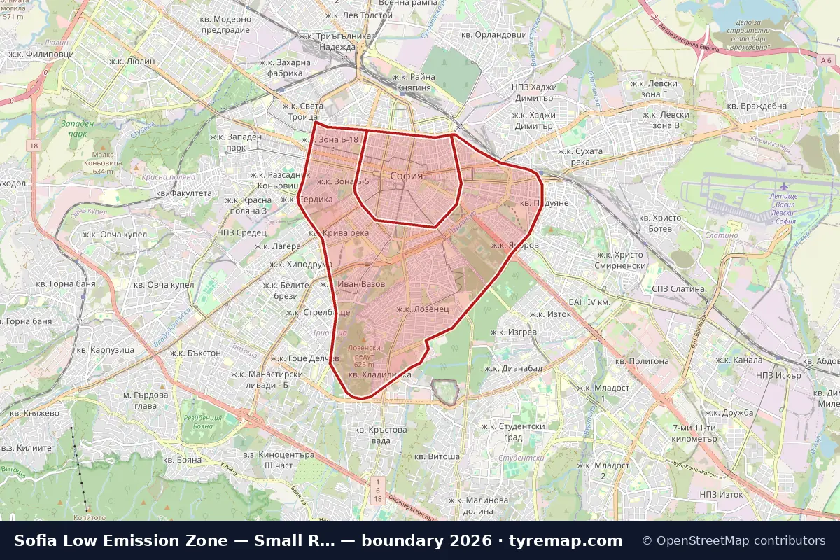 Map of the Low Emission Zone — Small Ring and Big Ring boundary in Sofia, 2026