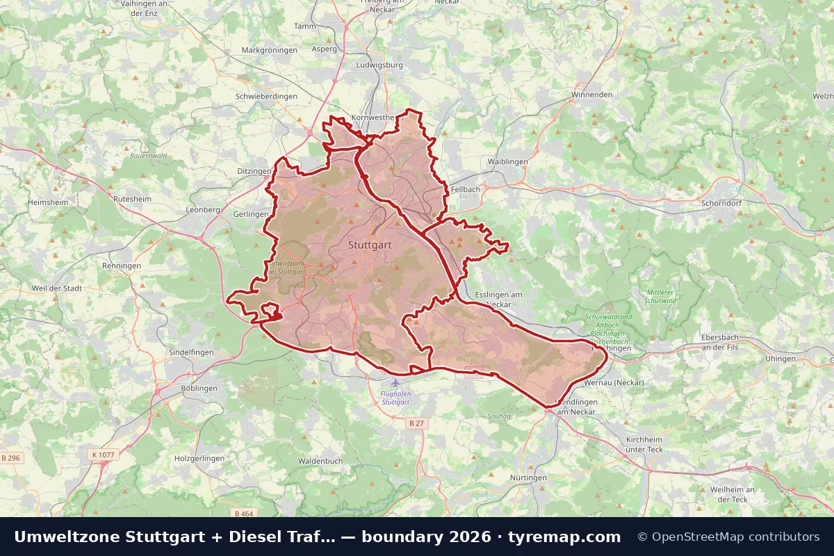 Map of the Umweltzone Stuttgart + Diesel Traffic Ban boundary in Stuttgart, 2026