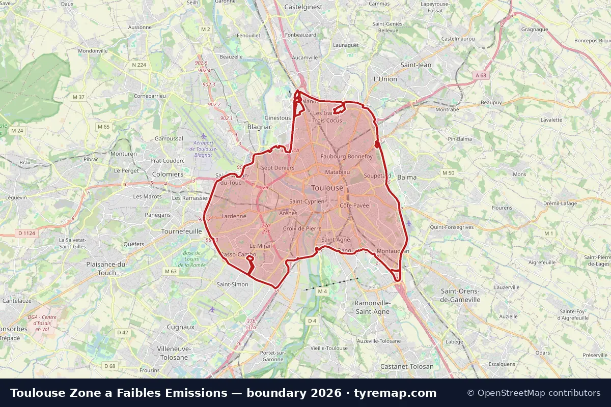 Map of the Zone a Faibles Emissions boundary in Toulouse, 2026