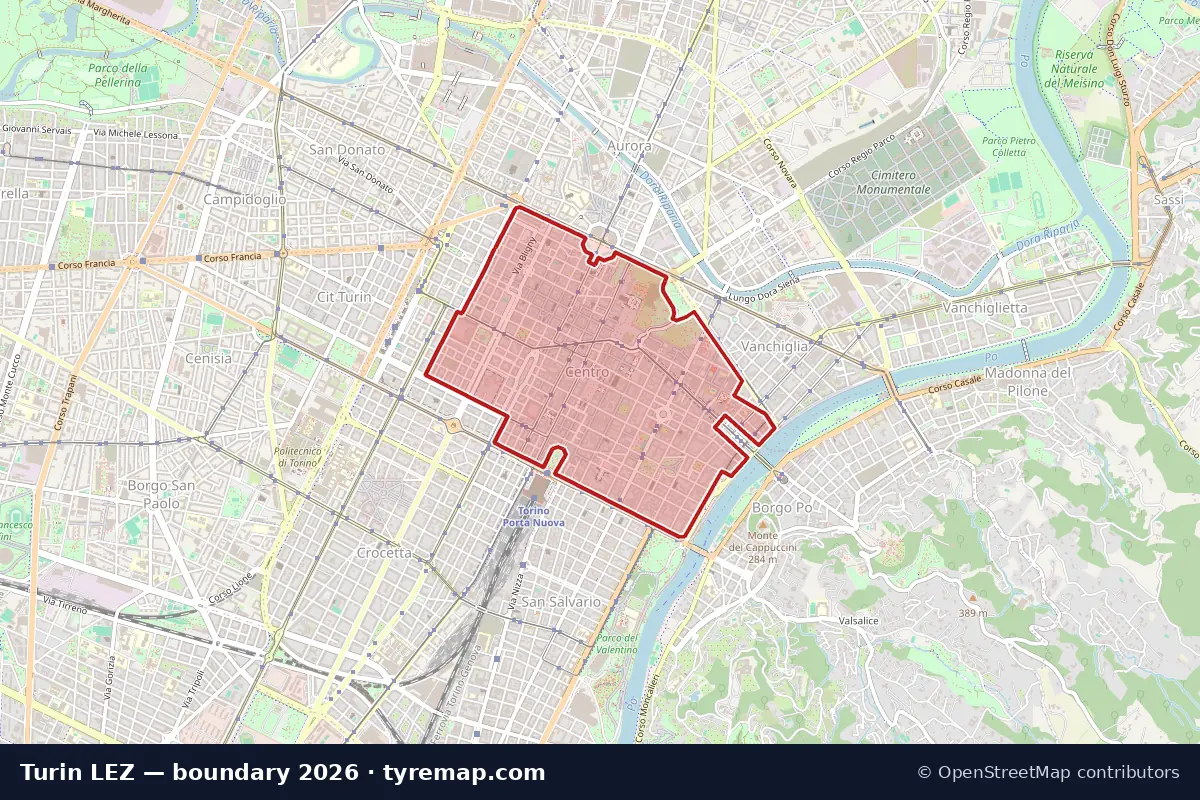 Map of the LEZ boundary in Turin, 2026
