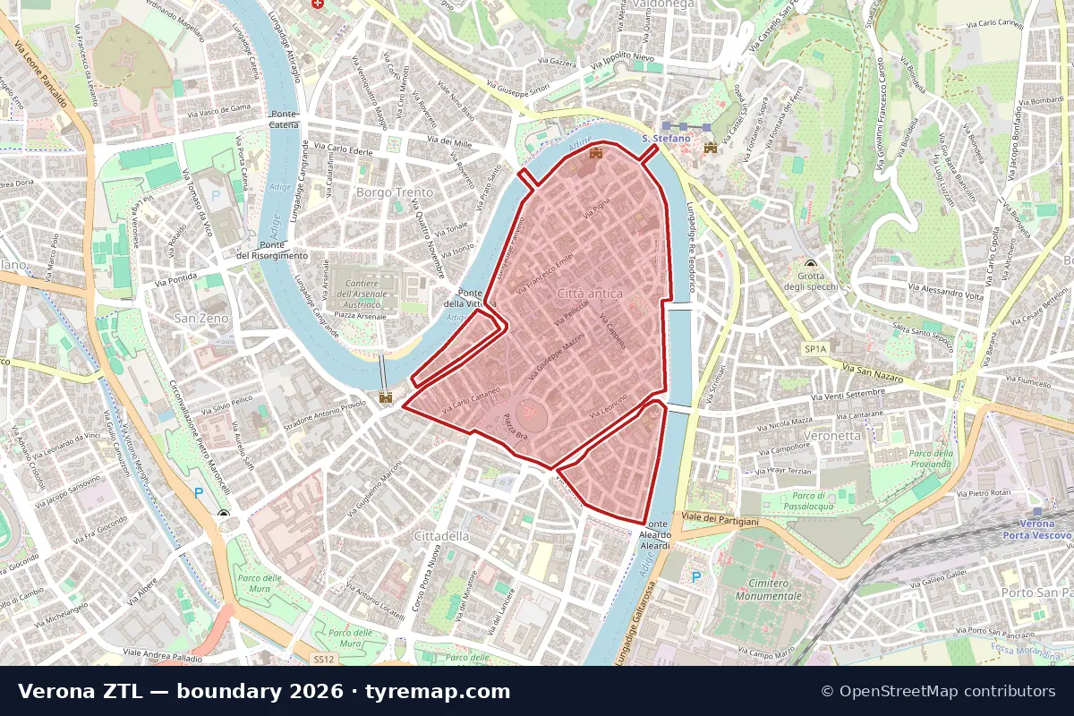 Map of the ZTL Centro Storico boundary in Verona, 2026