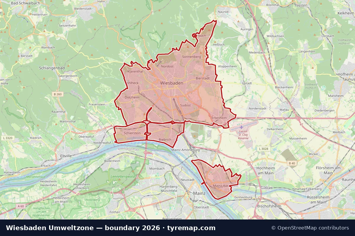 Map of the Umweltzone boundary in Wiesbaden, 2026