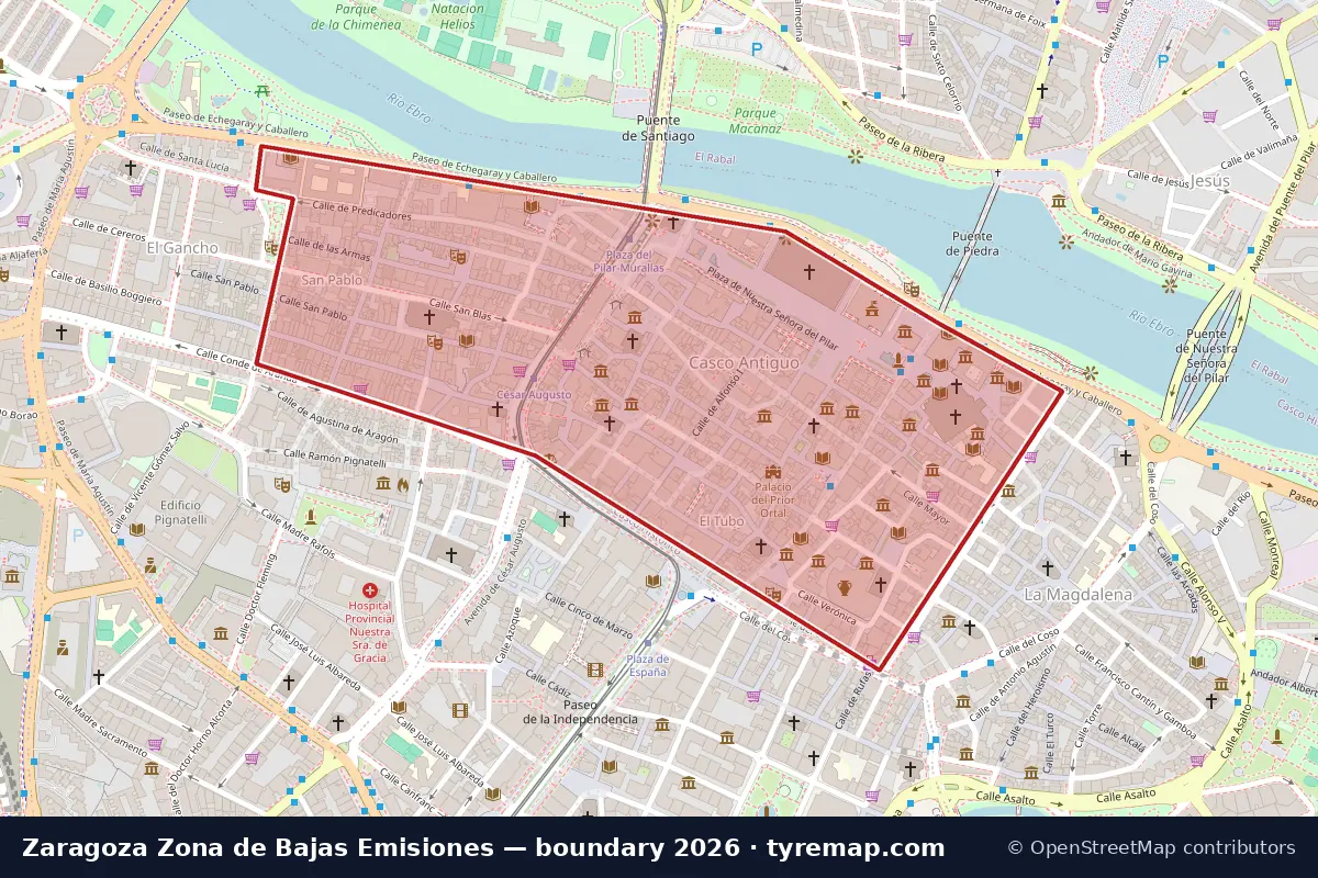 Map of the Zona de Bajas Emisiones boundary in Zaragoza, 2026
